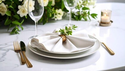 A beautifully arranged place setting with white linens, gold cutlery, and a small floral napkin ring.