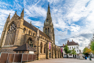 Naklejka premium A view across the Market Square from Dam Street towards Saint Marys Church in Lichfield, UK in summertime