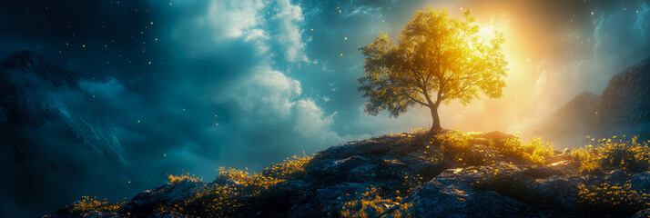 Radiant golden tree on mystical hill, bathed in ethereal light against dramatic starlit sky and twilight mountain landscape with glowing clouds and tiny luminous particles