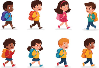 Happy diverse kids walking to school, children with backpacks, smiling boys and girls, school journey, education concept, vector cartoon illustration