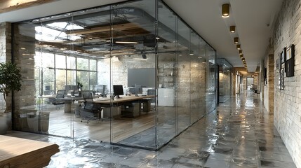 Bright Contemporary Office Interior with White Desks and Black Chairs

