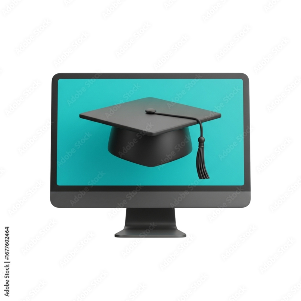 Aufkleber 3d icon of graduation cap on a computer screen isolated on transparent background