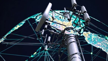 Close-up view of mobile communication antenna mast with multiple 5G antennas for global network data transfer, digital composite - Powered by Adobe