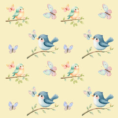 Obraz premium Colorful birds & butterflies on soft bg pattern