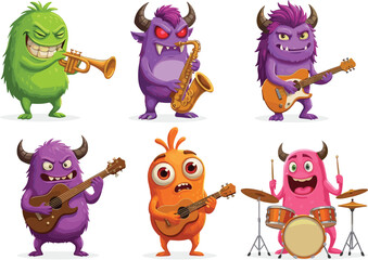 Funny cartoon monsters playing musical instruments, colorful rock band characters, monster music group, kids friendly vector illustration, creative fantasy band design