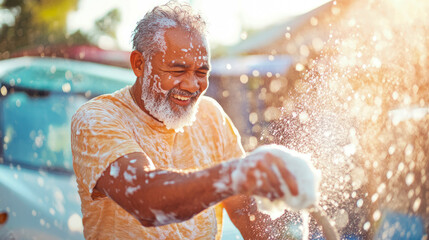 Happy senior man covered in soap suds, joyfully washing car outdoors under golden sun, surrounded by sparkling water spray and bright reflections