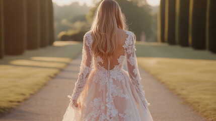 Captivating back view of bride with flowing blonde hair in elegant long-sleeved lace wedding gown, gracefully walking down sunlit garden path during golden hour.