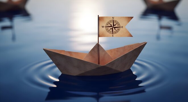 Paper boat with compass flag sailing on calm water, symbolizing journey and self-help