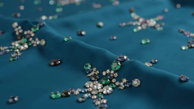 Teal Fabric with Scattered Rhinestones - Close-up view of teal fabric adorned with scattered rhinestones of various colors and sizes.