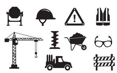 Naklejka premium Construction icons set crane cement mixer safety gear and more for projects