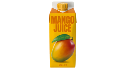 Mango juice drink beverage carton packaging healthy tropical fruit refreshment delicious sweet vitamins yellow color on transparent background