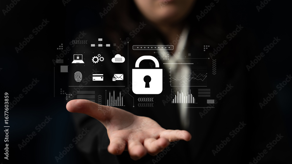 Poster digital cyber security lock system highlighting data security encryption, cyber password protection,