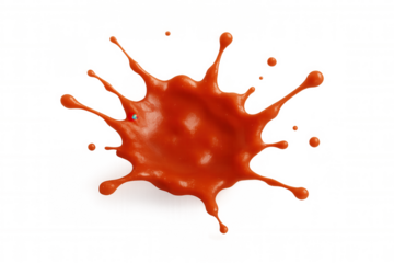 Bright orange paint splattering wildly, generating energetic droplets and chaotic paint burst against white background