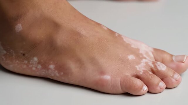 Vitiligo on Foot - Close-up view of a person's foot exhibiting vitiligo, a condition causing loss of skin pigment. The video shows several depigmented patches on the top and bottom of the foot.