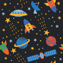 Seamless cartoon pattern with stars, spacecrafts and planets on black background. 