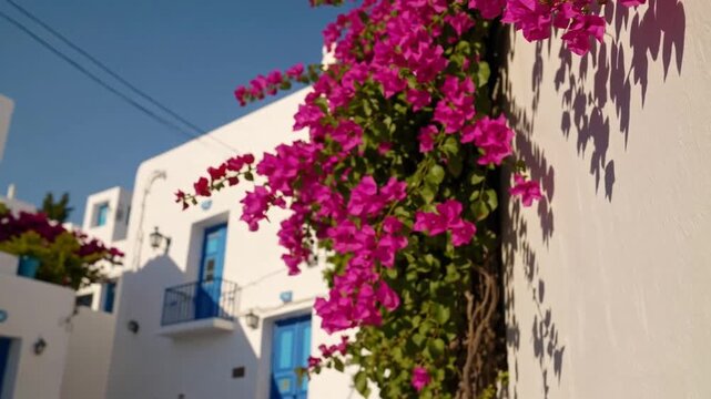Vivid Pink Bougainvillea Blossoms Adorning the Characteristic White-Painted Alleyways of Greek Island Locale