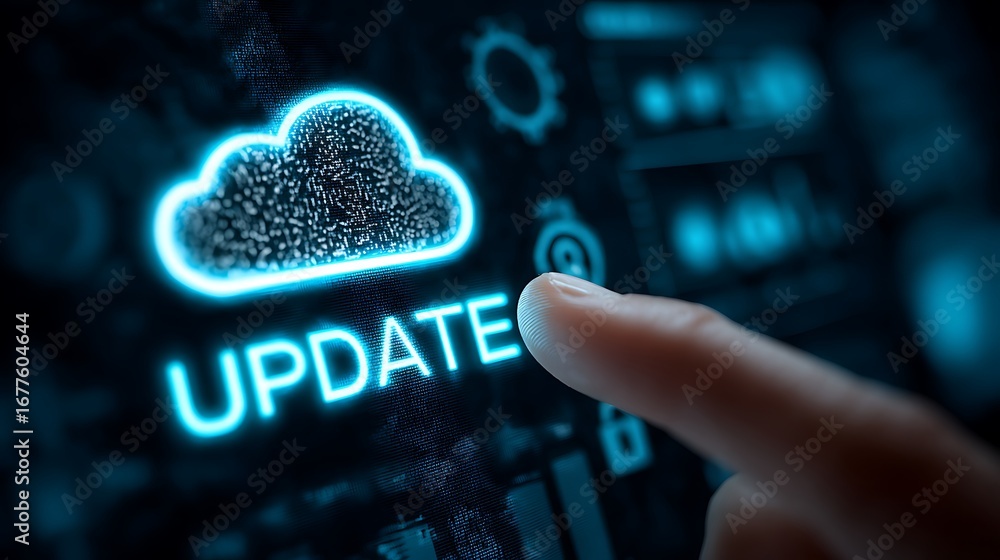 Fototapete cloud update button press finger interacting with digital cloud computing interface for software upd
