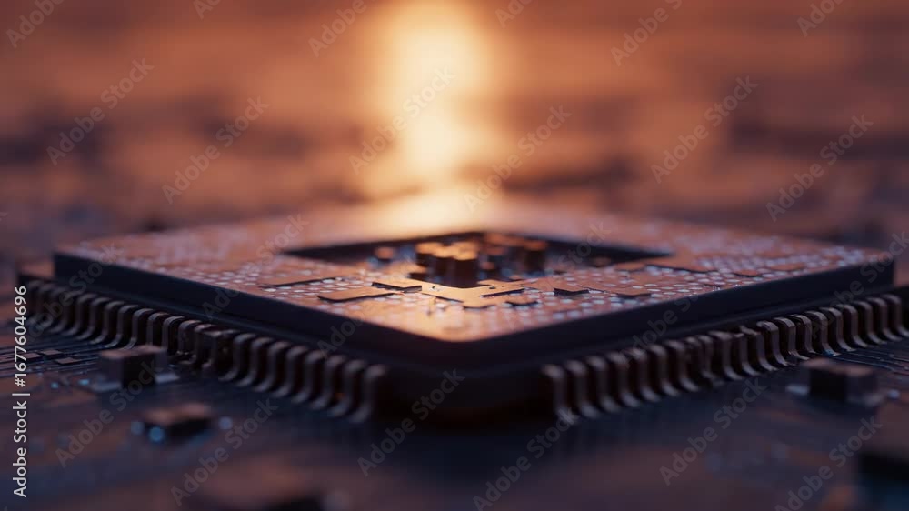 Poster futuristic microchip close-up - a detailed close-up shot of a futuristic microchip, glowing with blu