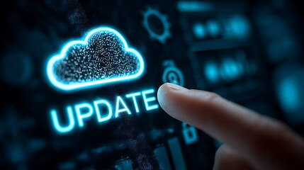 Cloud Update Button Press Finger Interacting with Digital Cloud Computing Interface for Software Update