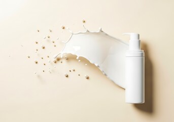 White cosmetic bottle with splashing liquid and beads