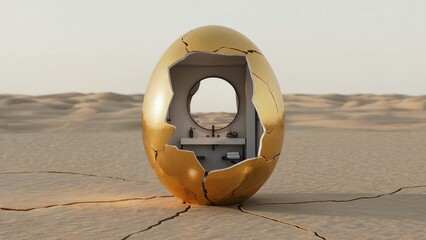 Obraz premium Golden Egg Shaped Bathroom in Desert Surreal Interior Design Concept