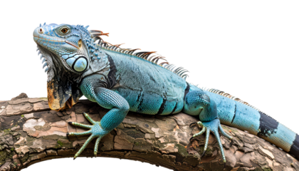 Blue Iguana lizard sitting on tree branch isolated on transparent background
