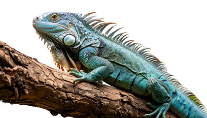Obraz premium Blue Iguana lizard sitting on tree branch isolated on transparent background 