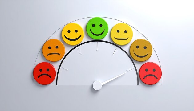A graphic speedometer gauge displaying various smiley faces representing feedback ratings, ranging from very satisfied to very dissatisfied.