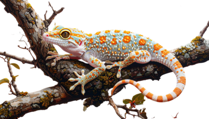 Tokay Gecko lizard sitting on tree branch isolated on transparent background
