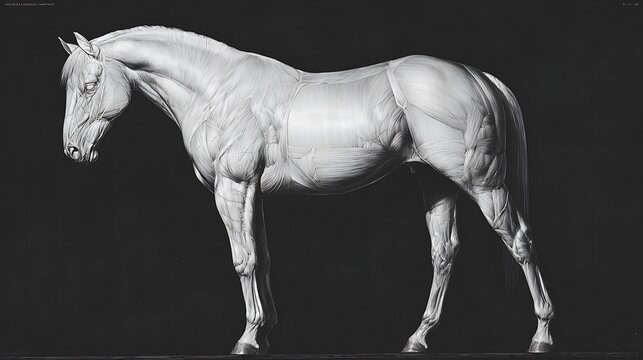 Detailed anatomical study of a horse's musculature, presented in grayscale, highlighting the intricate details of the equine form.