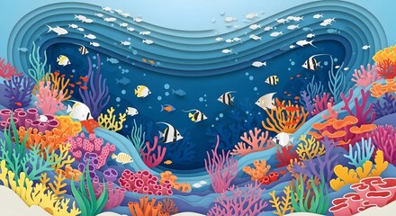 Stylized depiction of a vibrant coral reef teeming with diverse tropical fish, created in a beautiful layered paper cut art style