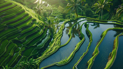 Lush green rice terraces stretch across the landscape, reflecting water that glimmers under sunlight
