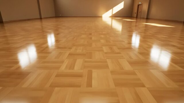 Sunlight on Polished Wooden Floor in Empty Room - A wide shot of a large, empty room with a highly polished light brown parquet floor.