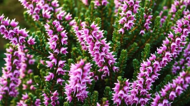 Horizontal frame extreme close-up detail of green foliage and miniature pink blossoms on winter heather plant in garden