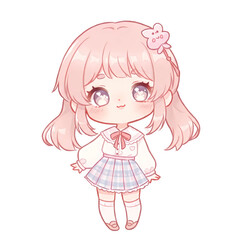 Obraz premium Cute Happy Anime Chibi Girl with Pink Hair and Plaid Skirt, Standing and Smiling, Isolated White Background.