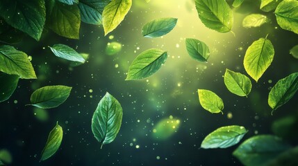 Vibrant green leaves float in a magical, sunlit scene.