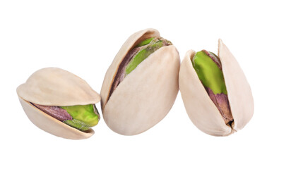 Pistachio nuts in shell on white background. Healthy Snack Rich in protein. Pistachios in a wooden bowl and scoop.