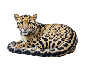 A Sunda Clouded Leopard is resting on a clean white background, isolated from its natural habitat.
