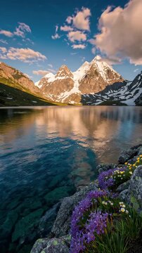 Serene Alpine Lake with Snow Capped Mountains and Sunrise Reflection
