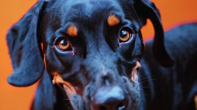 portrait of amusing and hungry mixed-breed canine with vizsla and doberman pinscher ancestry licking its lips with its tongue against tangerine colored background