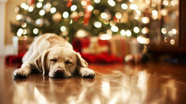 Sleeping labrador puppy under christmas tree with lights and gifts in background.