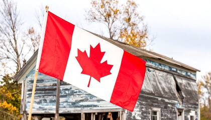 Canadian flag waving in front of an old house