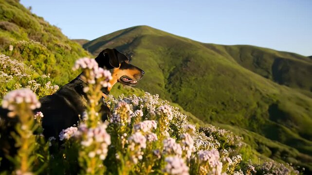 A black dog rests amidst a profusion of small, pale pink flowers on a hillside.