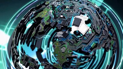 virtual reality and artificial intelligent technology close up conceptual Planet Earth made out of computer parts with binary code of one and zero