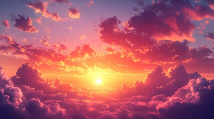 Fototapeta premium A vibrant sunset view of a colorful sky filled with fluffy clouds, showcasing a warm, radiant sun sinking below the horizon.