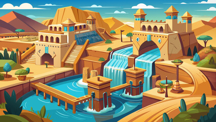 Fototapeta premium The Shushtar Historical Hydraulic System in Iran displays canals, dams, and mills carved in stone, an engineering marvel of antiquity transforming water into prosperity in arid landscapes.