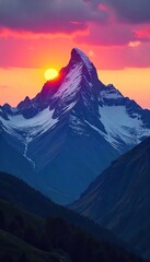 Majestic sunrise paints the rugged peaks of a mountain range in vibrant hues of orange, pink, and purple A breathtaking display of natural beauty at dawn , nature, clouds