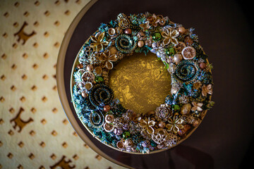 Christmas wreath decoration on a wooden door