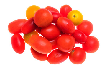 Close-up of fresh cherry tomatoes on a white background with natural lighting and visible texture, healthy vegetables for cooking and culinary use