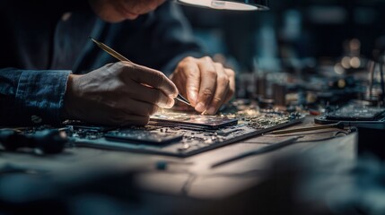 Fototapeta premium Technician repairs smartphone on workbench surrounded by tools and electronic components